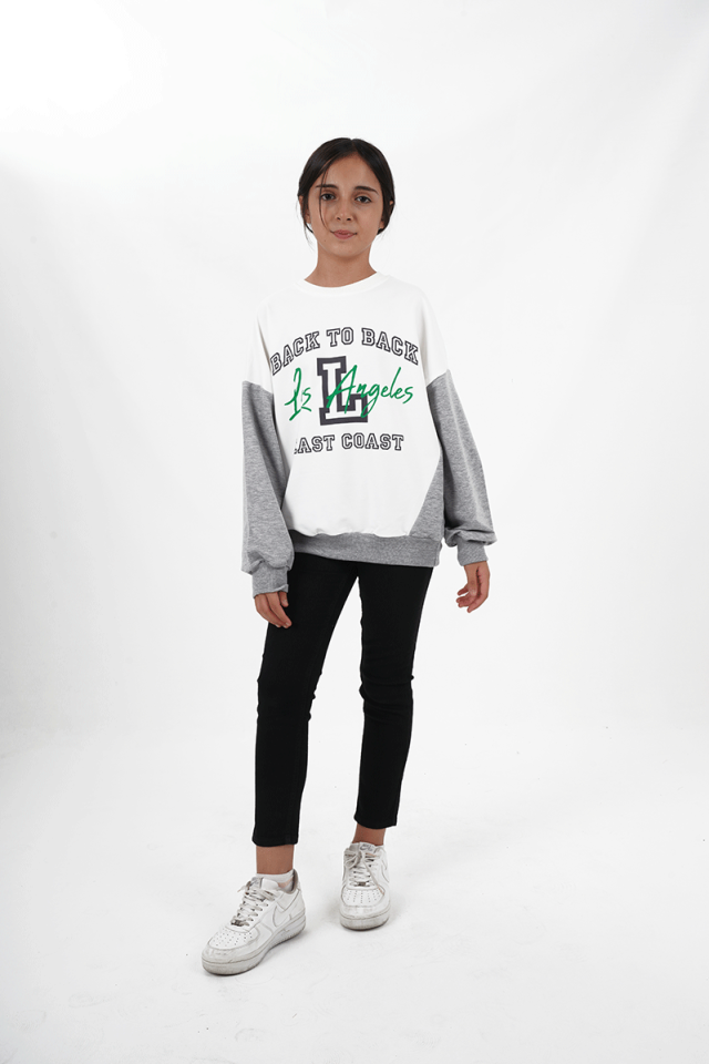 Kız Çocuk Baskılı Bisiklet Yaka Sweatshirt Beyaz - 11 Yaş