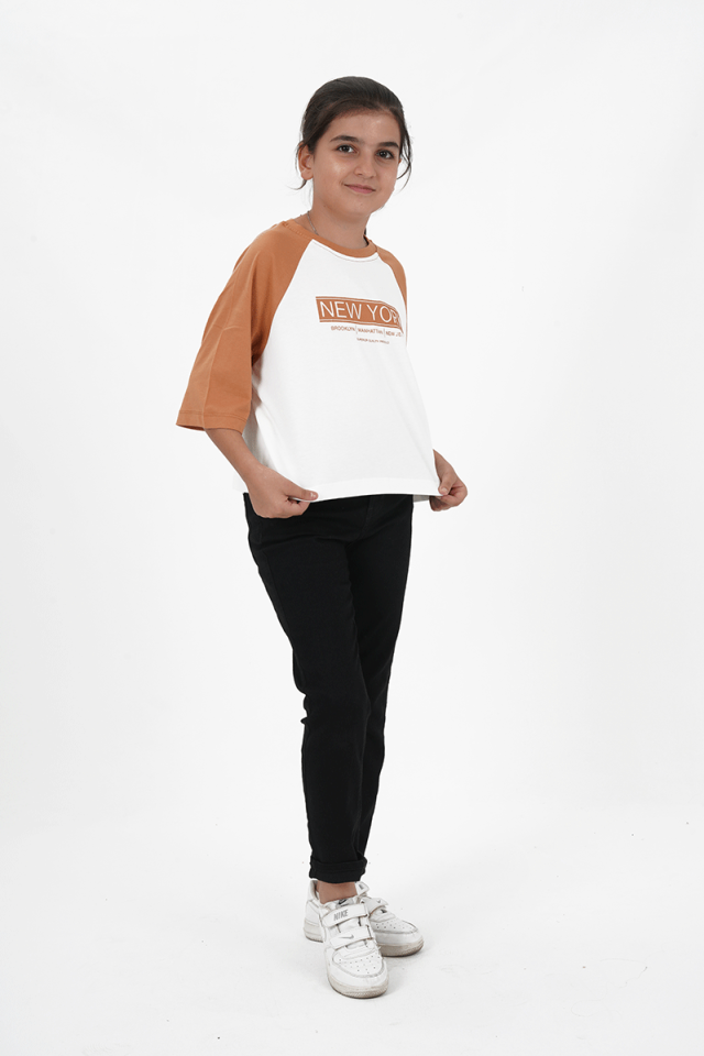 Kız Çocuk Baskılı Kısa Kol Bisiklet Yaka Sweatshirt