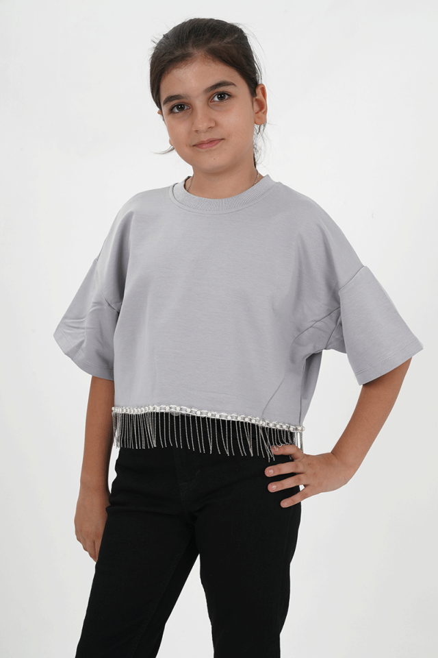 Kız Çocuk İki İplik Etek Ucu Püsküllü Zincirli Kısa Kollu Tshirt