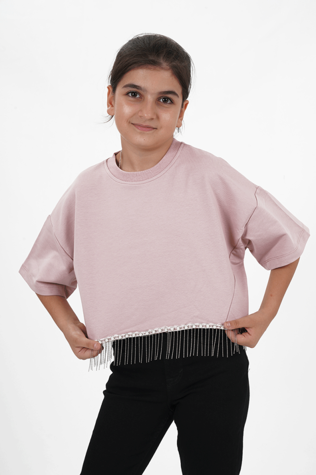 Kız Çocuk İki İplik Etek Ucu Püsküllü Zincirli Kısa Kollu Tshirt