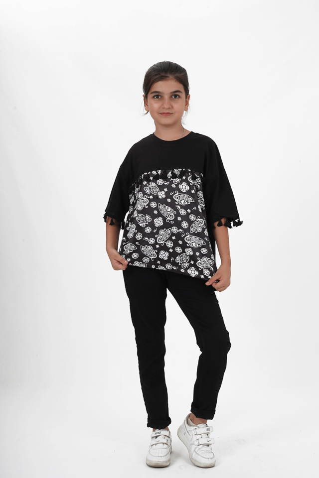 Kız Çocuk Süprem Kumaş Bisiklet Yaka Desenli Tshirt