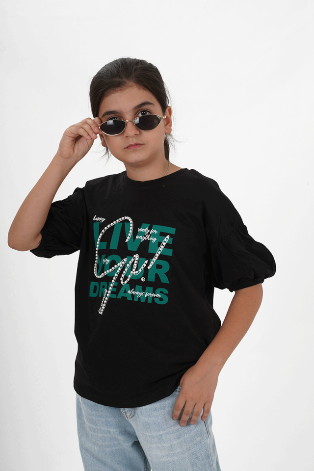 Kız Çocuk Süprem Kumaş Bisiklet Yaka Baskılı Tshirt
