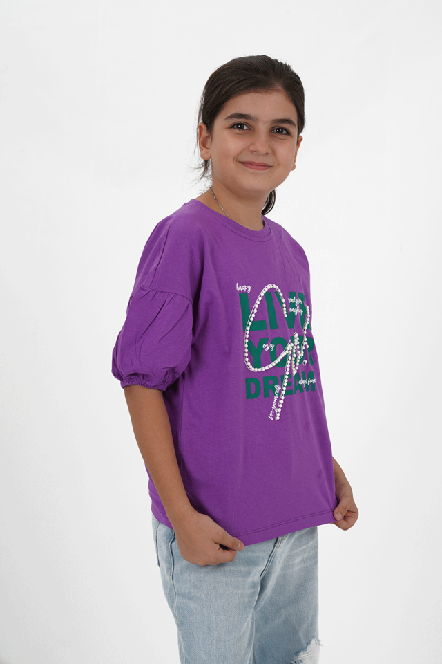 Kız Çocuk Süprem Kumaş Bisiklet Yaka Baskılı Tshirt 8 Yaş - Mor