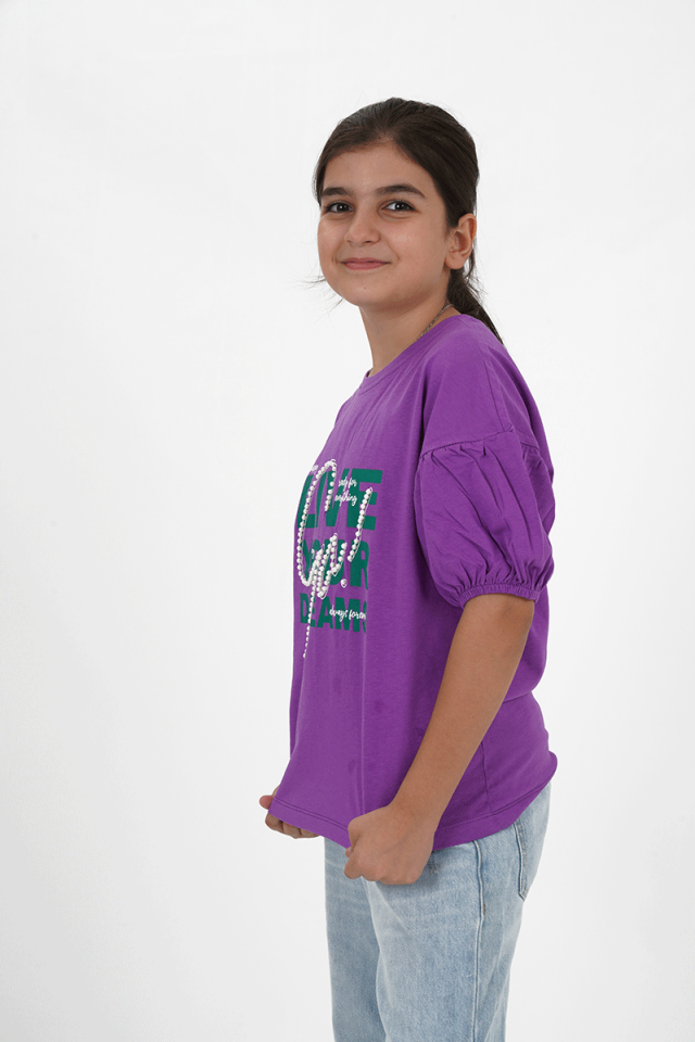 Kız Çocuk Süprem Kumaş Bisiklet Yaka Baskılı Tshirt 8 Yaş - Mor