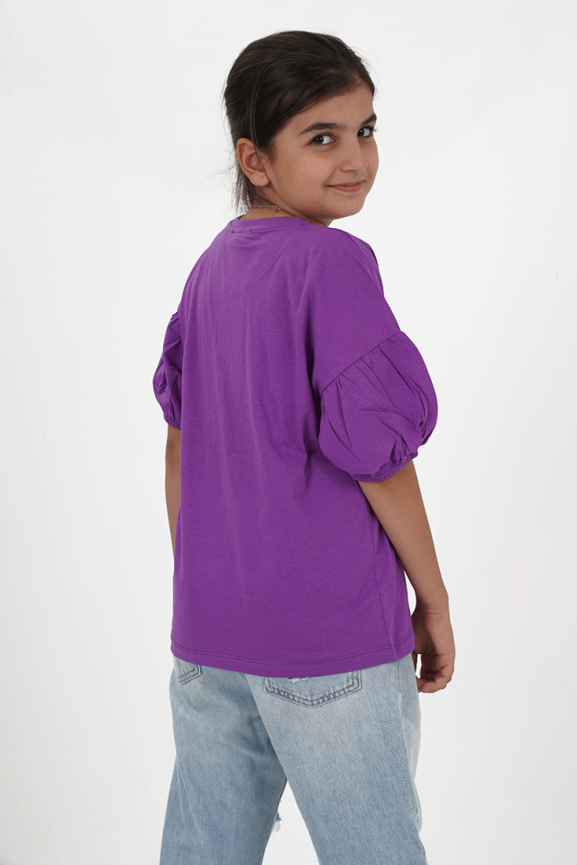 Kız Çocuk Süprem Kumaş Bisiklet Yaka Baskılı Tshirt 8 Yaş - Mor