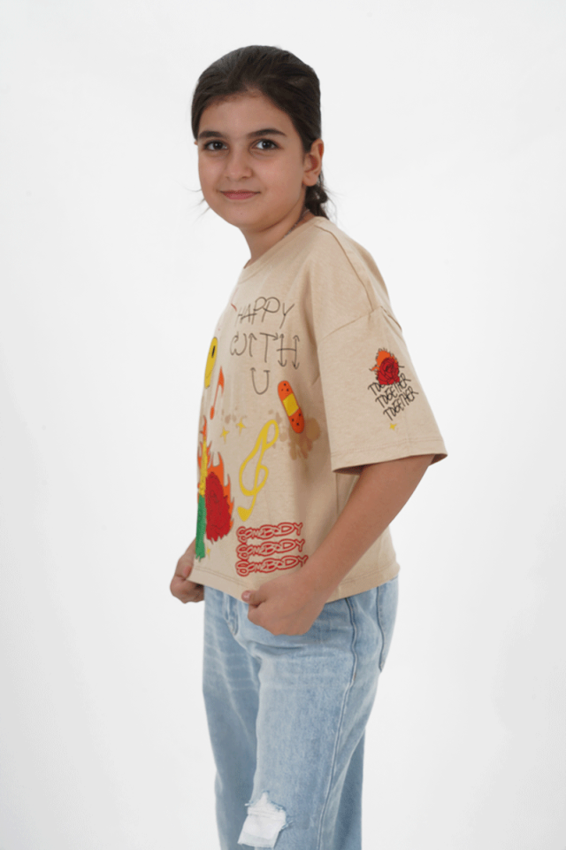 Kız Çocuk Bej Süprem Kumaş Bisiklet Yaka Baskılı Tshirt