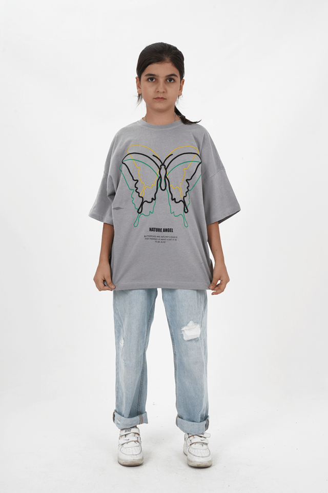 Kız Çocuk Gri Süprem Kumaş  Bisiklet Yaka Kelebek Baskılı Tshirt