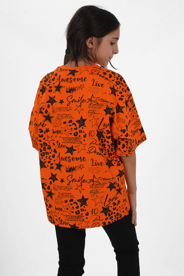 Kız Çocuk Turuncu Süprem Kumaş  Bisiklet Yaka Baskılı Tshirt