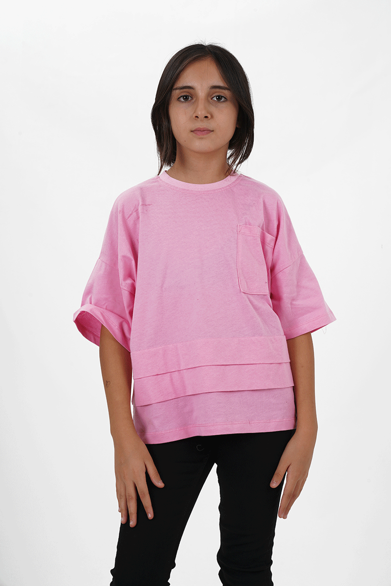 Kız Çocuk Süprem Kumaş Cepli Bisiklet Yaka Tshirt