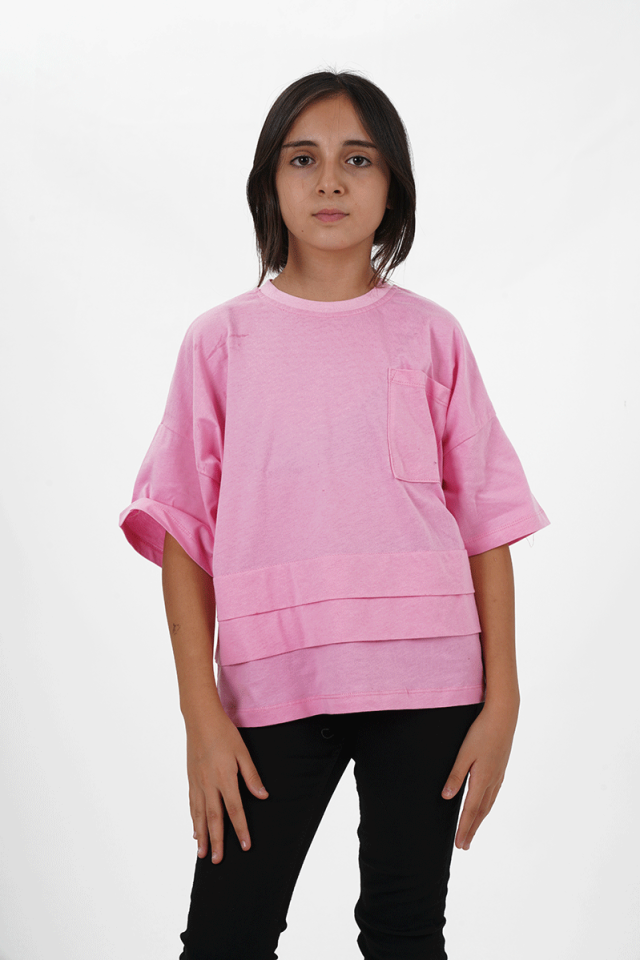 Kız Çocuk Süprem Kumaş Cepli Bisiklet Yaka Tshirt
