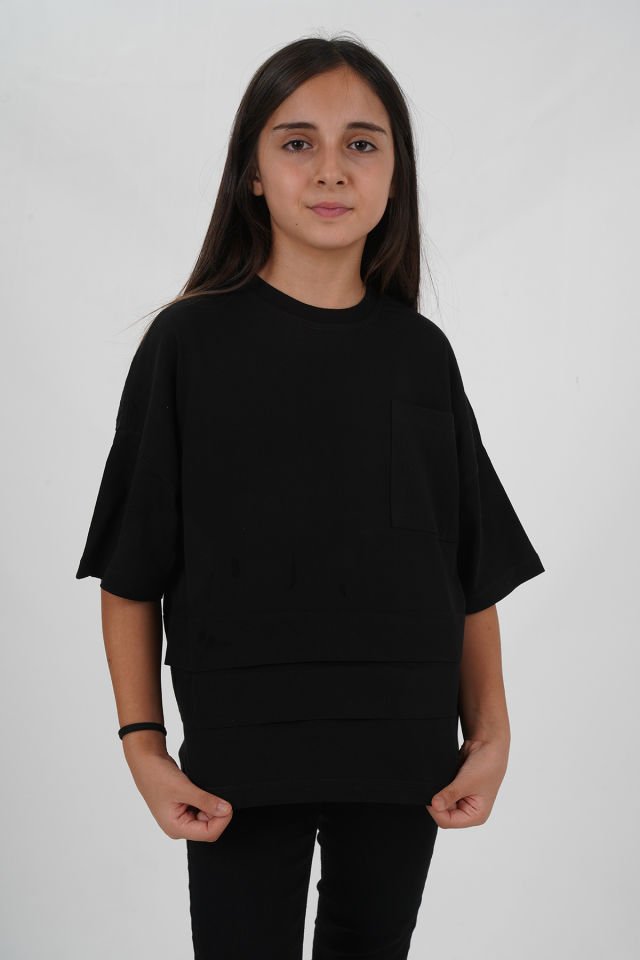 Kız Çocuk Süprem Kumaş Cepli Bisiklet Yaka Tshirt