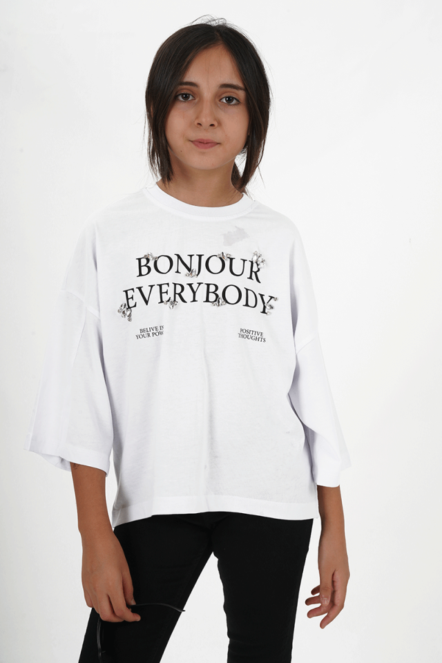 Kız Çocuk Süprem Kumaş Bisiklet Yaka Baskılı Tshirt