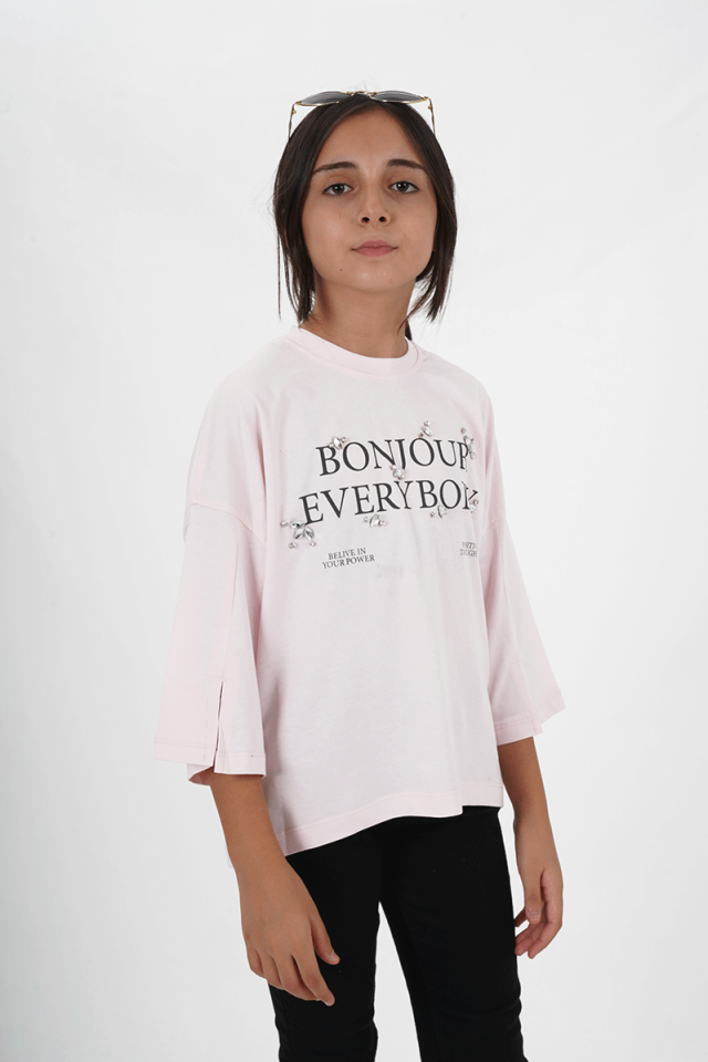 Kız Çocuk Süprem Kumaş Bisiklet Yaka Baskılı Tshirt