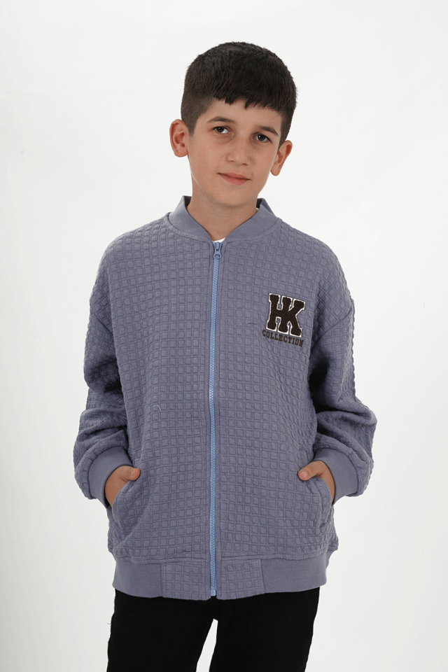Erkek Çocuk İki İplik Kumaş Kare Desenli Fermuarlı V Yaka Hırka | 6-10 Yaş