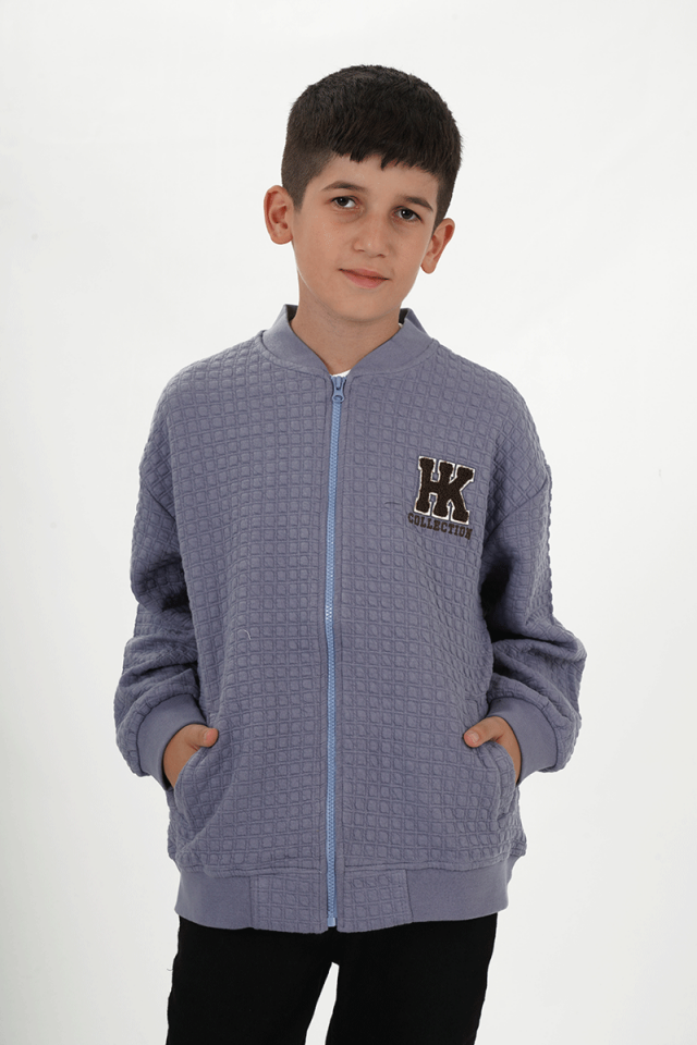 Erkek Çocuk İki İplik Kumaş Kare Desenli Fermuarlı V Yaka Hırka | 6-10 Yaş