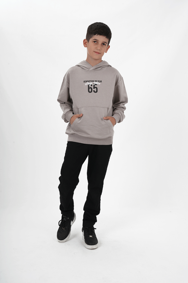 Erkek Çocuk Kapüşonlu Baskılı Sweatshirt Gri - 12 Yaş