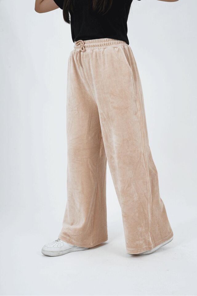 Kız Çocuk İspanyol Paça Kadife Jogger Pantolon - 24WB003 - Bej