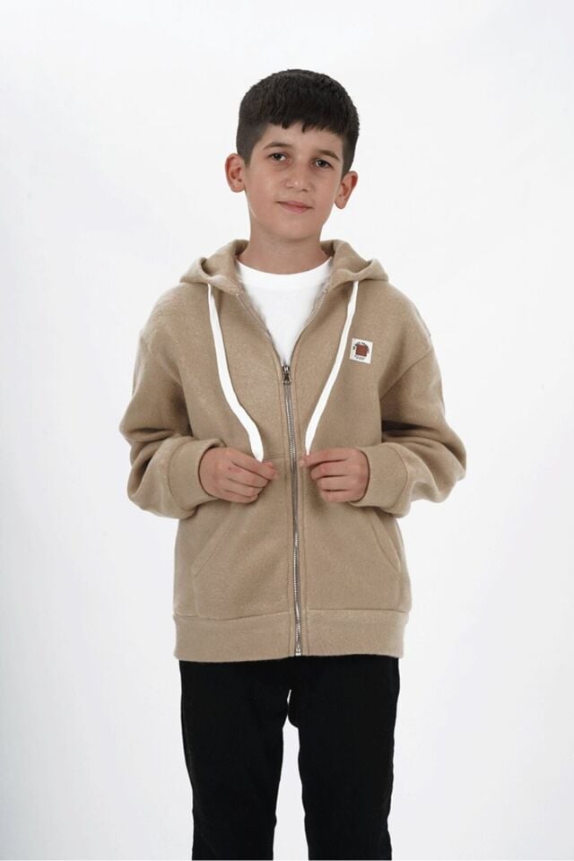 Erkek Çocuk Üç İp Kumaş Kapüşonlu Fermuarlı Hırka