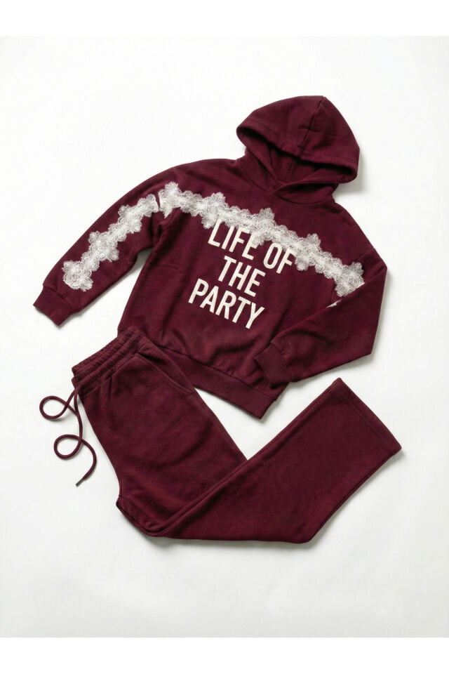 Kız Çocuk Bordo Dantel Detay Baskılı Sweatshirt Kapüşonlu Eşofman Alt Üst Takım