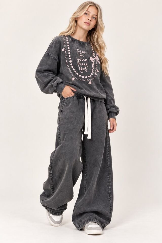 Kız Çocuk Gri  Fiyonk Detaylı Oversize Sweatshirt & Bol Paça Takım 10-11-12-13-14 Yaş