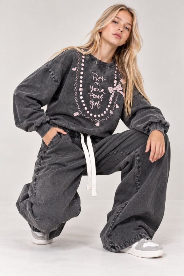 Kız Çocuk Gri  Fiyonk Detaylı Oversize Sweatshirt & Bol Paça Takım 10-11-12-13-14 Yaş