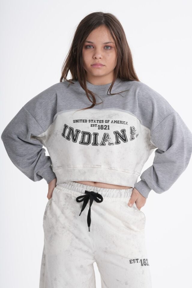 Kız Çocuk / Genç Kız Baskılı Gri Melanj Crop Sweatshirt ve Bol Paça Eşofman Altı İkili Takım