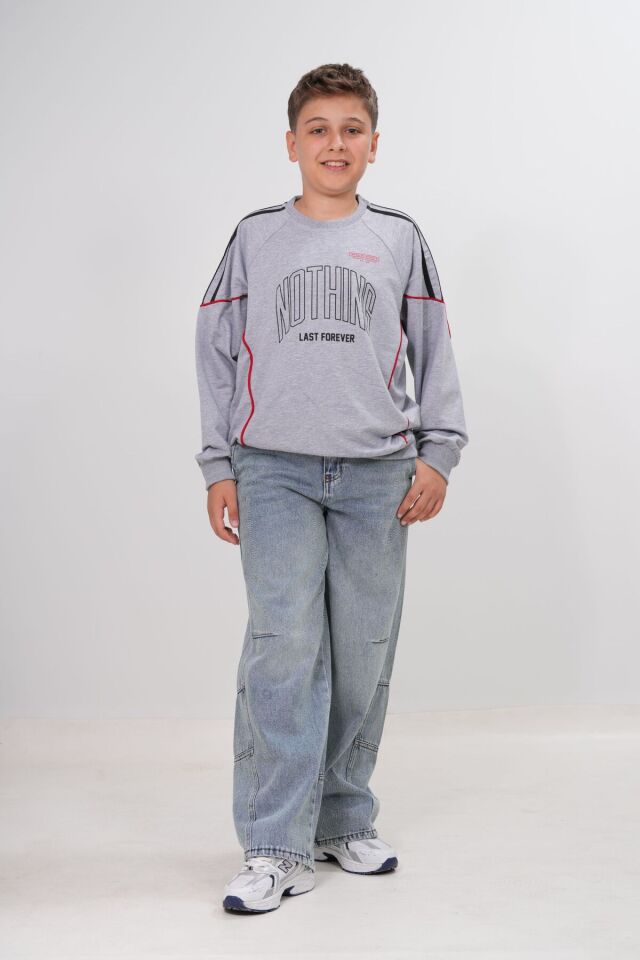 Erkek Çocuk Siyah / Krem ''Nothing'' Baskılı Rahat Kalıp Bisiklet Yaka Sweatshirt