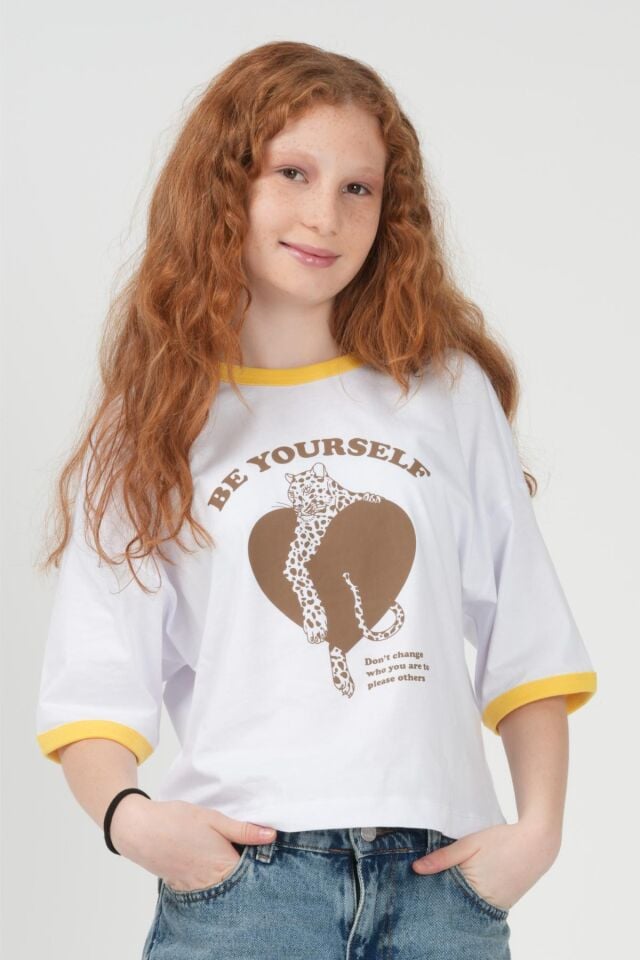 Kız Çocuk ''Be Yourself'' Leopar Baskılı Biyeli Oversize Tişört - Pamuklu Ringer T-Shirt