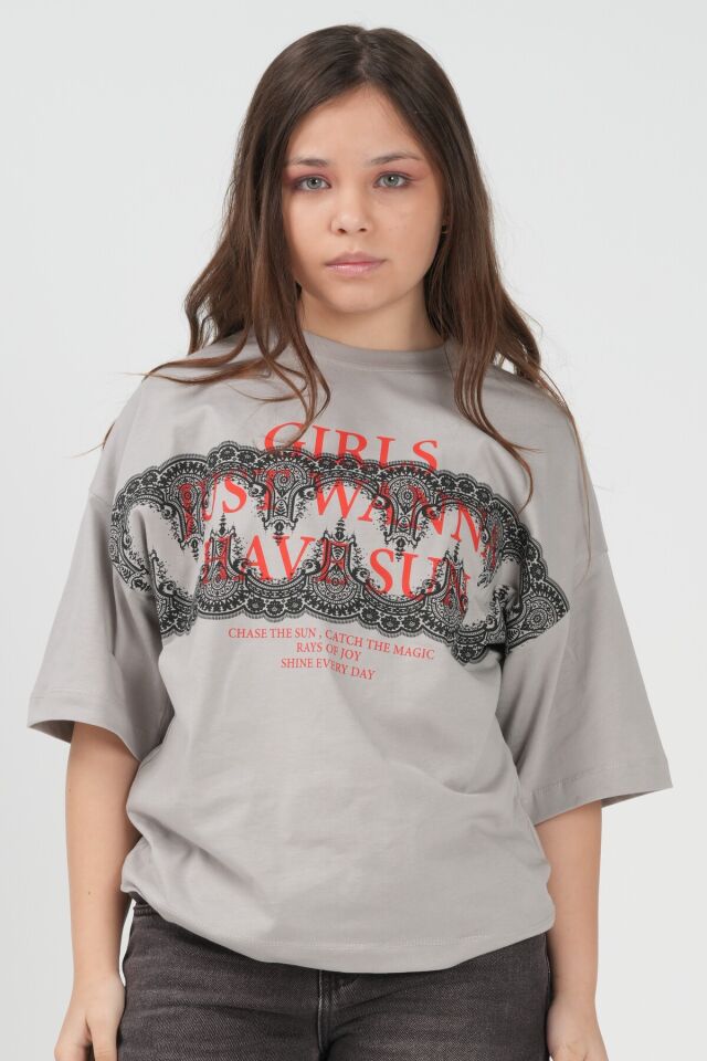 Hay Kids Kız Çocuk Oversize Baskılı Tişört Gri & Beyaz Renk Seçenekli Rahat Kesim Pamuklu Tişört