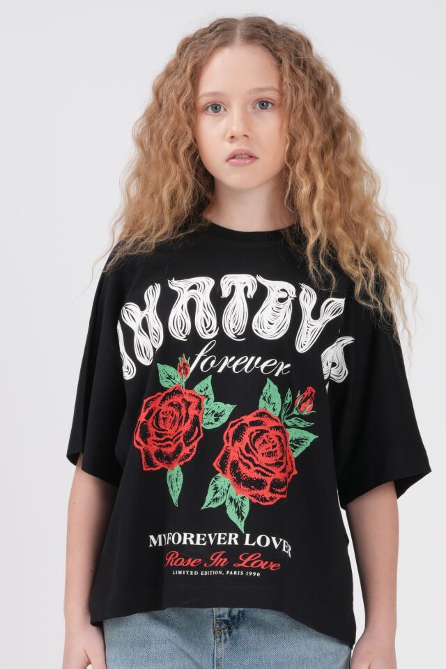 Kız Çocuk Oversize Gül Baskılı T-Shirt