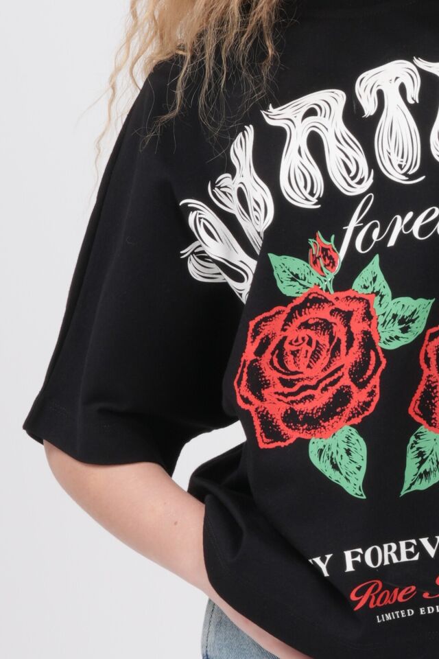 Kız Çocuk Oversize Gül Baskılı T-Shirt