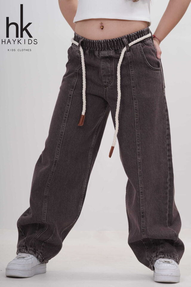 Kız Çocuk Kahverengi Wide Leg Pantolon Beli Lastikli Halat Detaylı Baggy Kot Jean