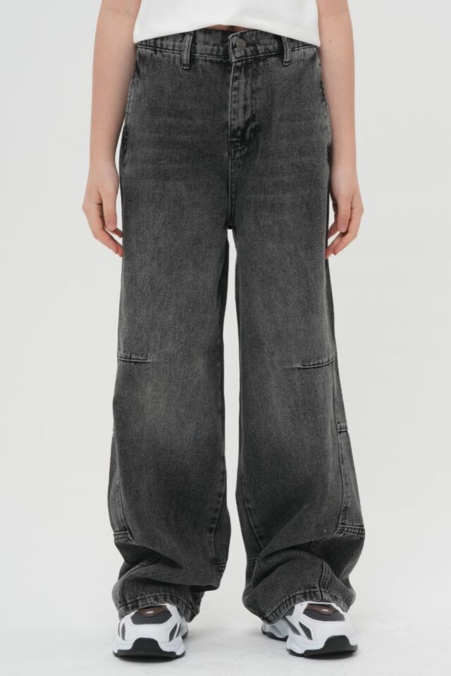 Unisex Çocuk Antrasit Bol Kesim Denim Loose Fit Dizden Dikişli Relaxed Baggy Alt Giyim Jean Pantolon