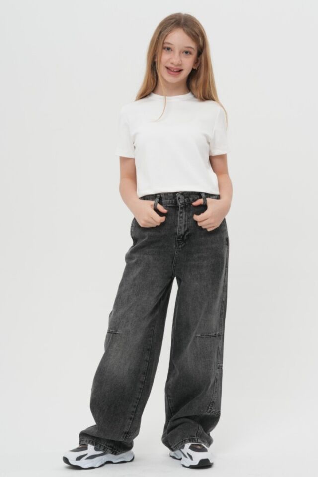 Unisex Çocuk Antrasit Bol Kesim Denim Loose Fit Dizden Dikişli Relaxed Baggy Alt Giyim Jean Pantolon