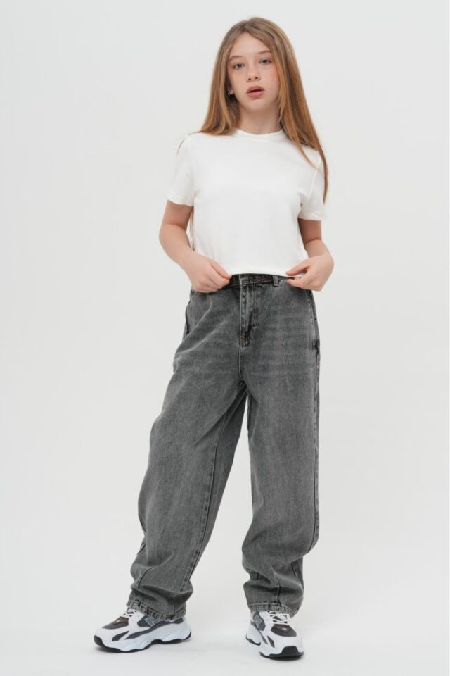 Unisex Çocuk Dizden Dikişli Geniş Paça Bol Kesim Wide Leg Baggy Alt Giyim Denim Kot Pantolon