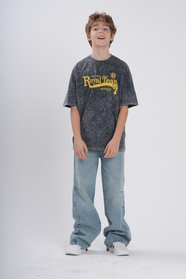 Erkek Çocuk ''Royal Team 7'' Baskılı Acid Wash Wash Yıkamalı Oversize T-Shirt - Antrasit / Açık Gri