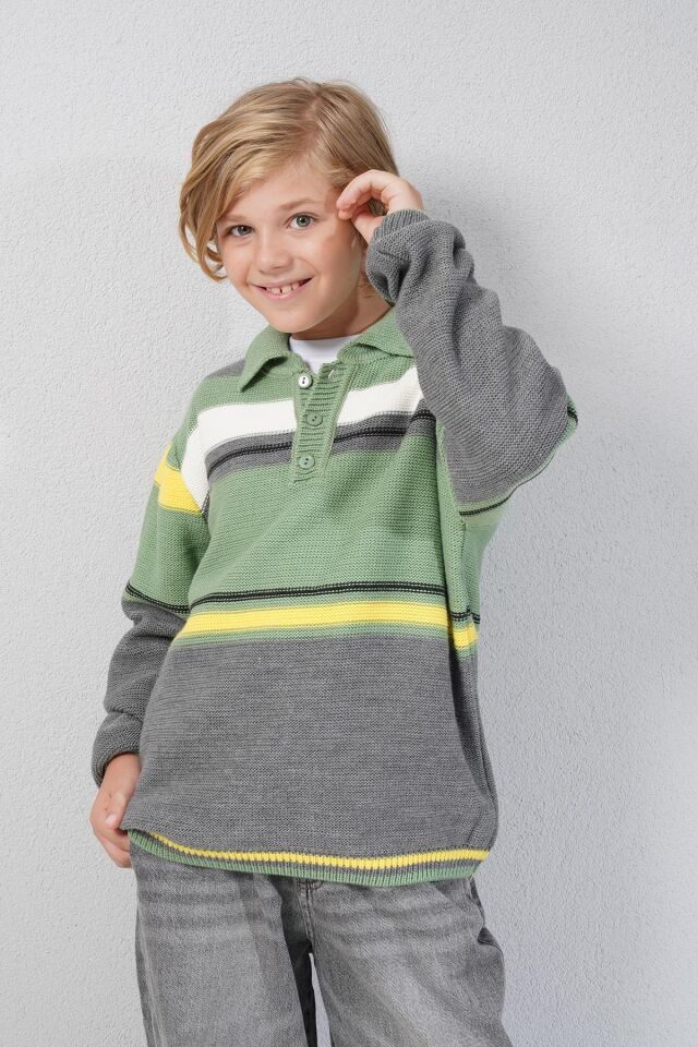 Erkek Çocuk Çizgili Polo Yaka Triko Kazak - G152782 - Gri