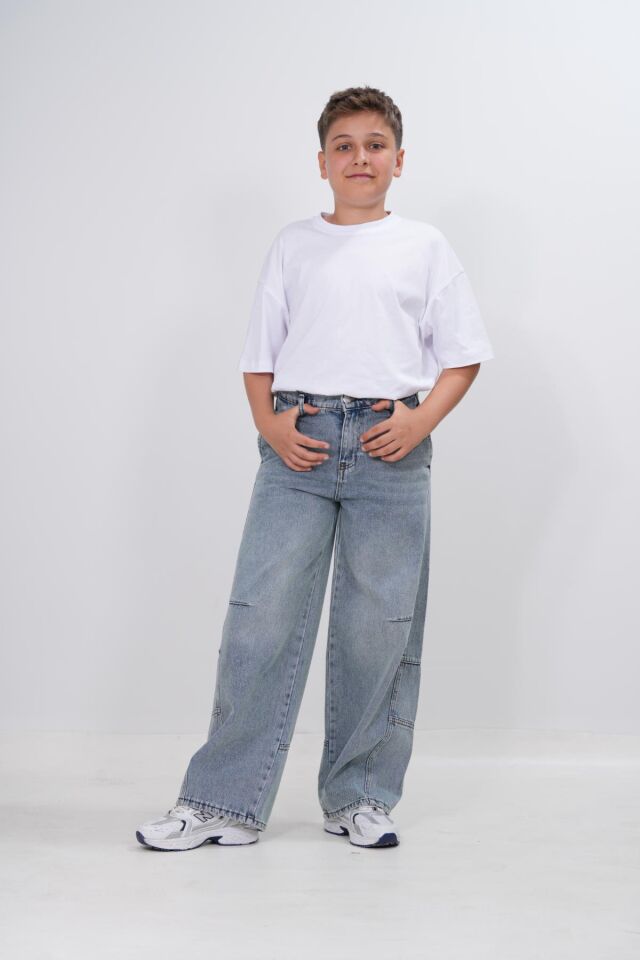 Unisex Çocuk Antrasit Bol Kesim Denim Loose Fit Dizden Dikişli Relaxed Baggy Alt Giyim Jean Pantolon