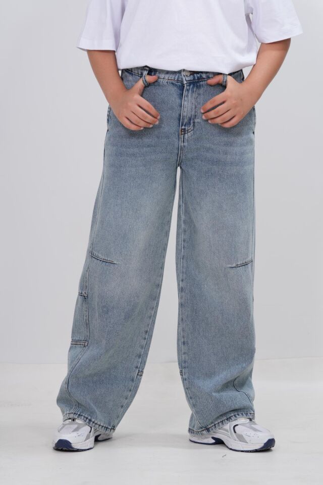 Unisex Çocuk Antrasit Bol Kesim Denim Loose Fit Dizden Dikişli Relaxed Baggy Alt Giyim Jean Pantolon