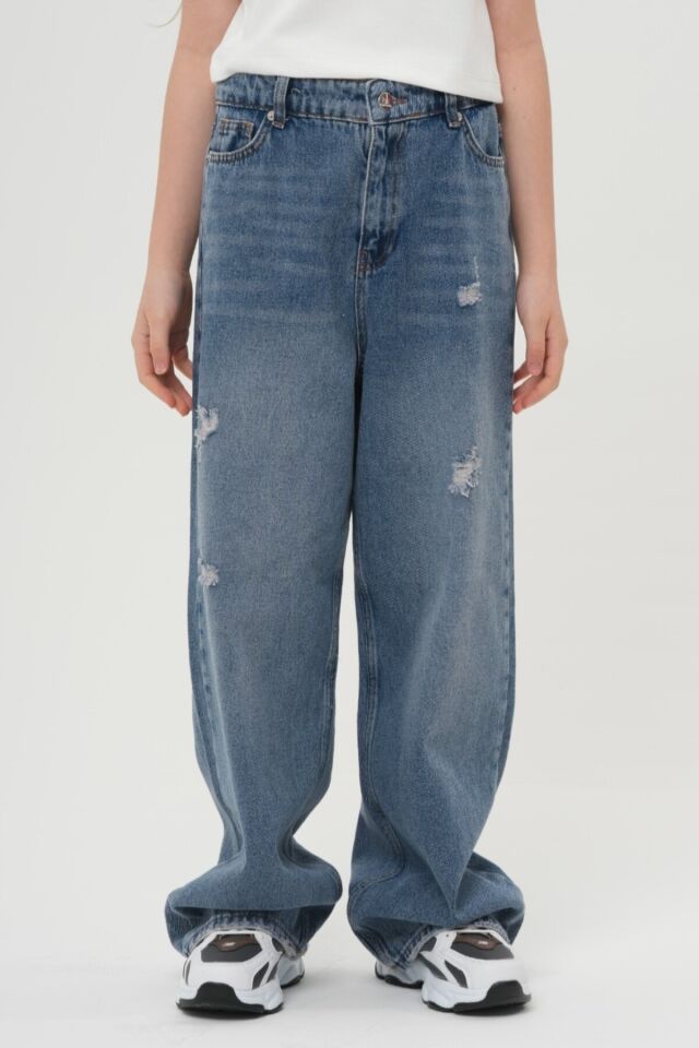 Bayramlık Unisex Çocuk Mavi Jean Geniş Paça Bol Kesim Baggy Alt Giyim Kot Pantolon