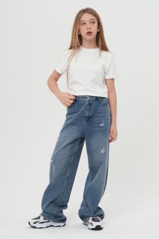 Bayramlık Unisex Çocuk Mavi Jean Geniş Paça Bol Kesim Baggy Alt Giyim Kot Pantolon