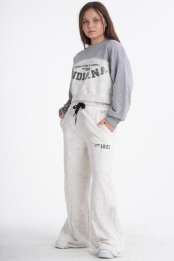 Kız Çocuk / Genç Kız Baskılı Gri Melanj Crop Sweatshirt ve Bol Paça Eşofman Altı İkili Takım