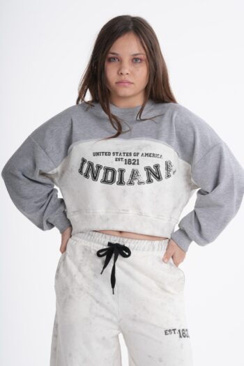 Kız Çocuk / Genç Kız Baskılı Gri Melanj Crop Sweatshirt ve Bol Paça Eşofman Altı İkili Takım