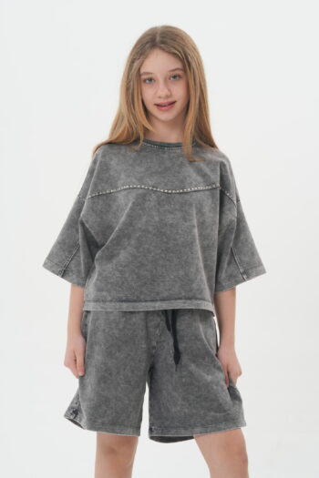 Kız Çocuk Oversize Yıkamalı İki İplik Kumaş Şortlu Takım