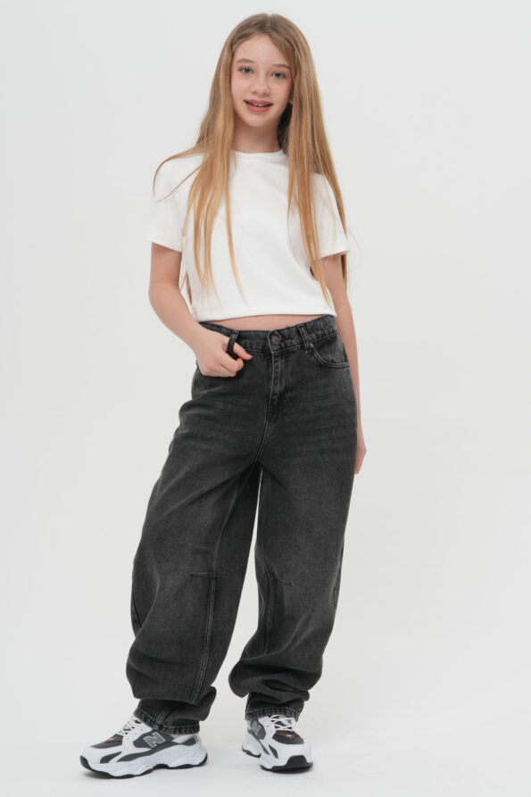 Kız Çocuk Füme Baggy Jean Geniş Paça Bol Kesim Denim Pantolon