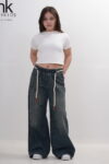 Kız Çocuk Beli Lastikli Halat Detaylı Wide Leg Jean Bol Kesim Denim Pantolon