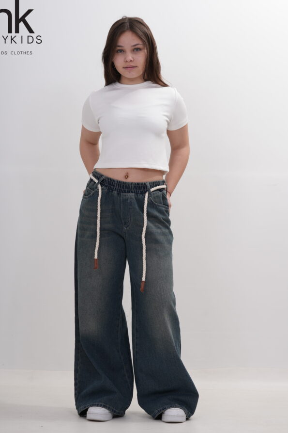 Kız Çocuk Beli Lastikli Halat Detaylı Wide Leg Jean Bol Kesim Denim Pantolon