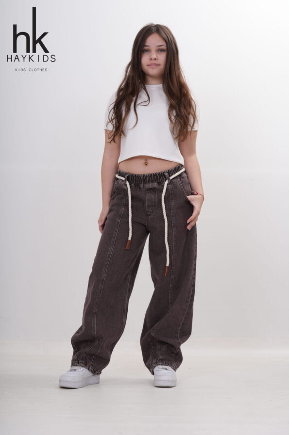 Kız Çocuk Kahverengi Wide Leg Pantolon Beli Lastikli Halat Detaylı Baggy Kot Jean