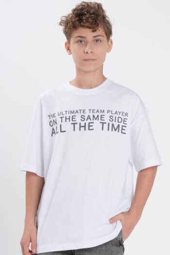 Erkek Çocuk Beyaz Baskılı Tişört - Rahat Kalıp Regular Fit Kısa Kollu T-Shirt