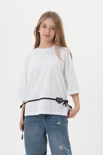 Kız Çocuk Oversize Fit Yanı Bağlamalı Şerit Detaylı Bisiklet Yaka Süprem Tişört